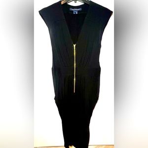 French Connection dress. Black with front gold zipper. Knee length, pockets.